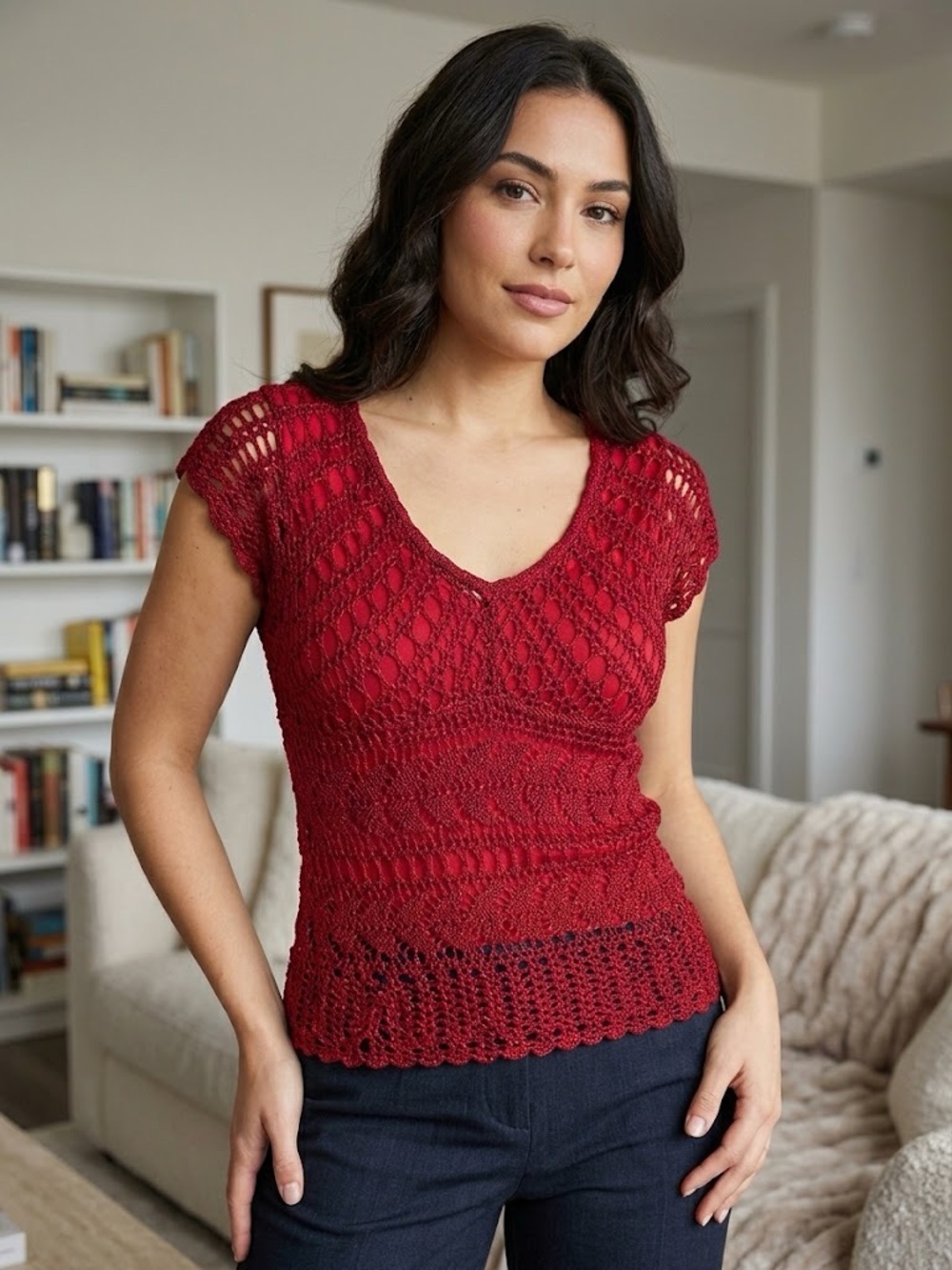 Temptations Red Crochet V‑Neck Cap Sleeve Top - Women
